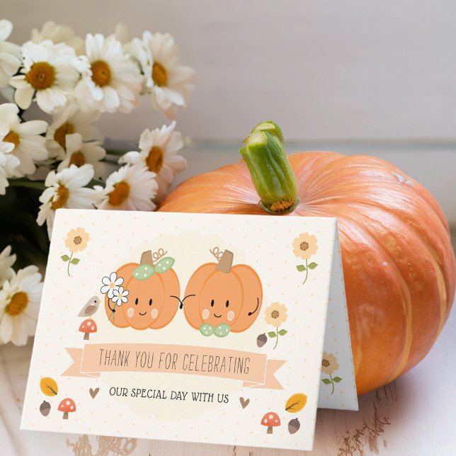 Noiva e Noivo de Abóbora Fofa Agradecimento de Cas (Pumpkin thank you cards surely to delight guests who participated in your thanksgiving themed event.)