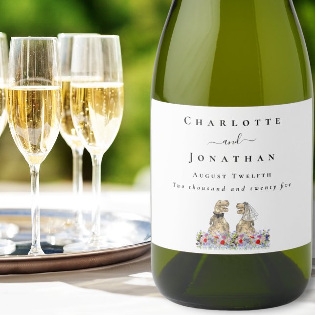 Noiva e Noivo Dinossauros Casamento Personalizado (Dinosaur themed wedding T-Rex bride & groom colorful wildflower floral  custom sparkling wine labels)