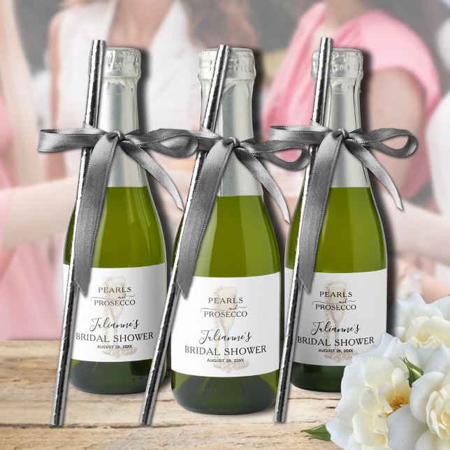Noiva Pérolas & Prosecco Obrigada (Pearls & Prosecco bridal shower thank you personalized mini champagne bottle labels)