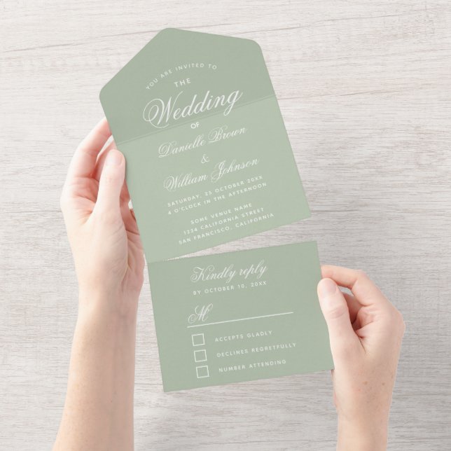 Noiva Sage Verde Script Caligrafia Elegante RSVP (Aba destacável)
