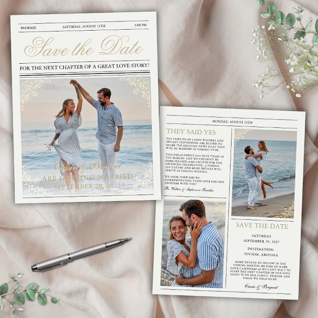 Noivado de jornal elegante Salve a data (elegant vintage chic newspaper style wedding engagement save the date announcement old money era)