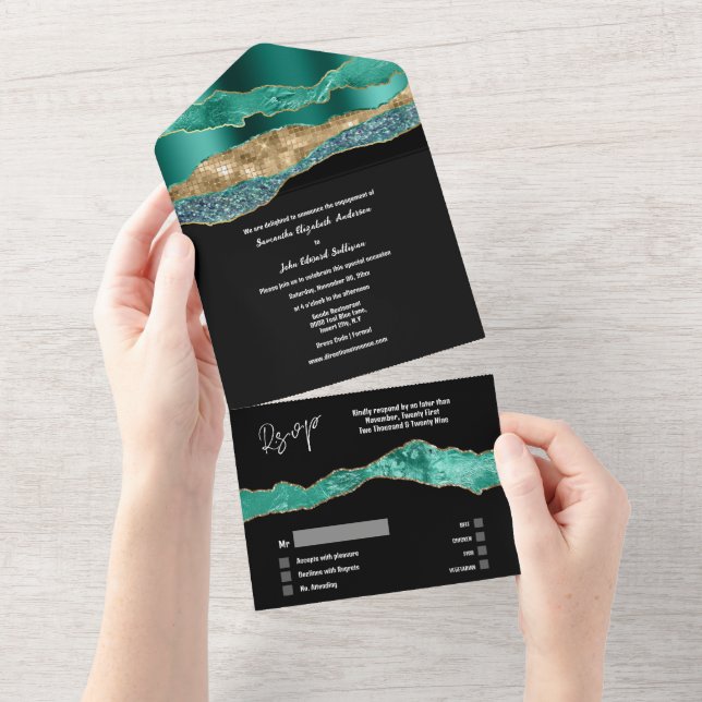 Noivado elegante de mármore preto-teal agate (Aba destacável)