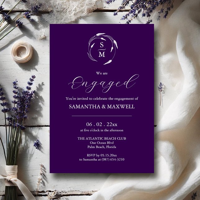 Noivado Moderno Designs de Convite Roxo Escuro (Engagement party invitation dark purple wedding theme lavender line art by Victoria Grigaliunas)