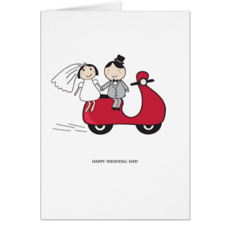 Noivos no patinete vermelho. Cartão de casamento