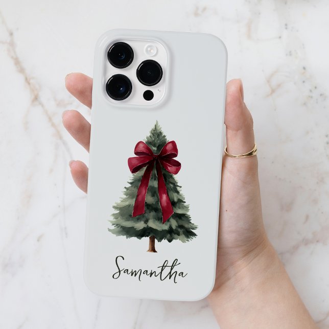 Nome da Árvore de Natal com Laço Vermelho em Aquar (Red Bow Watercolor Christmas Tree Script Name Case-Mate iPhone Case)