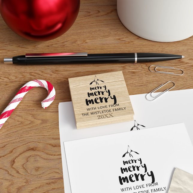 Nome da família Mistletoda feliz Carimbo de Borrac (Merry Mistletoe Rubber Stamp with space for your family name and year)