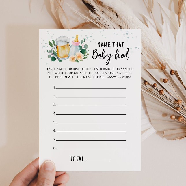 Nome daquele Jogo de Comida de Bebê Cartão Bebê es (Beer and Floral Baby is Brewing Baby Shower Name That Baby Food Game Card)