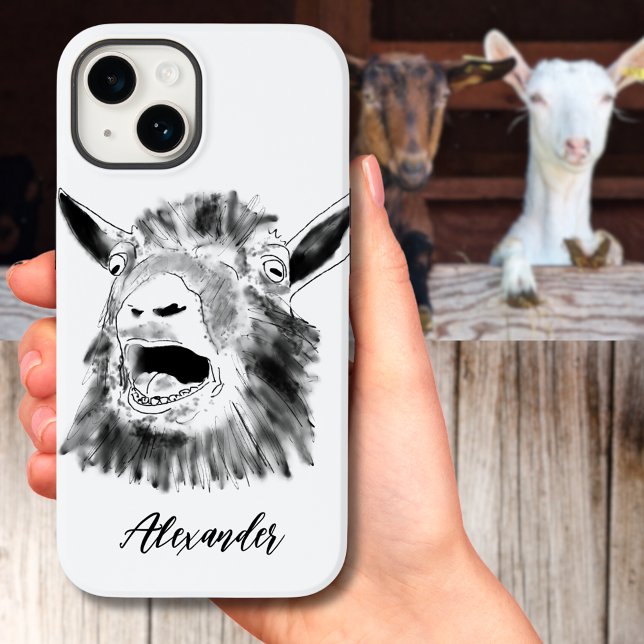 Nome de adição preto e branco gritando muito bem (Funny screaming goat black and white illustration add name typography script iPhone case)