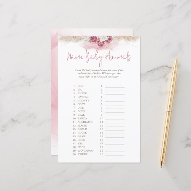 Nome de Aquarela Rosa Nome Bebê Animais Jogo Chá d (Frente/Verso In Situ)