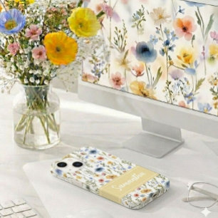 Nome de Flor Silvestre Aquarela Azul Amarelo Rosa