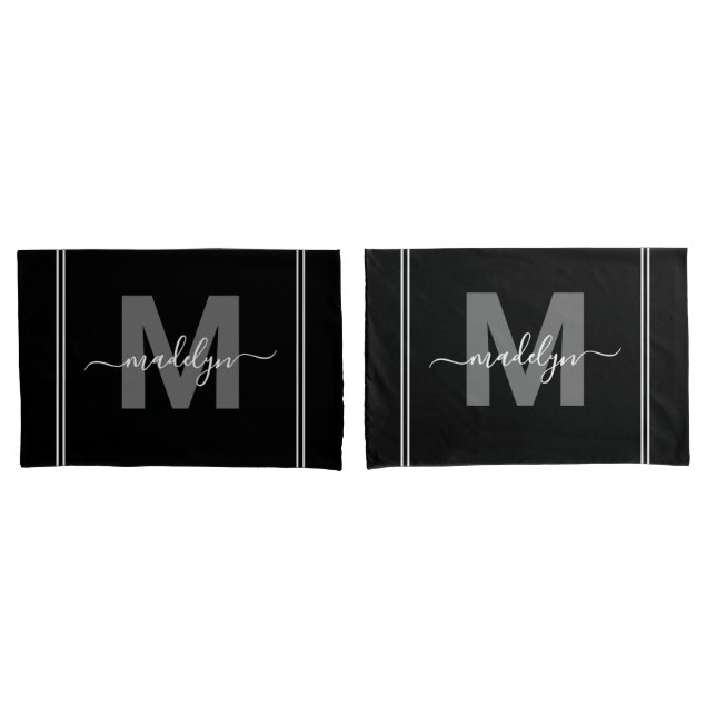 Nome de Monograma Preto Branco Script (Frente - conjunto)