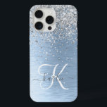 Nome do Monograma da Glitter de Prata de Metal Bru<br><div class="desc">Personalize facilmente esta moda design de capa de telefone com de chic com brilho prateado bonito em um fundo metálico azul escovado.</div>