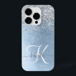 Nome do Monograma da Glitter de Prata de Metal Bru<br><div class="desc">Personalize facilmente esta moda design de capa de telefone com de chic com brilho prateado bonito em um fundo metálico azul escovado.</div>