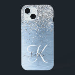 Nome do Monograma da Glitter de Prata de Metal Bru<br><div class="desc">Personalize facilmente esta moda design de capa de telefone com de chic com brilho prateado bonito em um fundo metálico azul escovado.</div>
