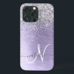 Nome do Monograma da Glitter de Prata Metálica Bru<br><div class="desc">Personalize facilmente esta moda design de capa de telefone com de chic com brilho prateado bonito em um fundo metálico roxo escovado.</div>