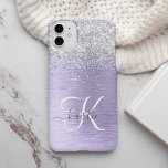 Nome do Monograma da Glitter de Prata Metálica Bru<br><div class="desc">Personalize facilmente esta moda design de capa de telefone com de chic com brilho prateado bonito em um fundo metálico roxo escovado.</div>