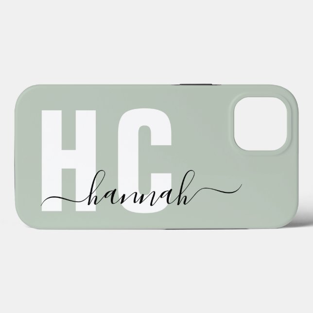 Nome do Monograma do Script Girly Girly Verde Sage (Verso (horizontal))