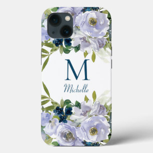 Nome do Monograma Floral Azul Elegante