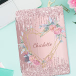 Nome do monograma floral brilhante cor-de-rosa<br><div class="desc">Um fundo metálico cor-de-rosa pincelado. Derramamento de falso,  pingar de tinta parece decoração. Um coração ouro decorado com flores rosa. Personalize e adicione um nome. O nome está escrito em um moderno e escuro rosa dourado escrito com letras de mão.</div>