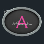 Nome do Monograma Girly Black Script Hot-Pink<br><div class="desc">Frasco do Monograma Simples de Script Preto e Rosa Quente Isso faz a formatura perfeita, doce 16 16, 18, 21rua, 40, 50, 60, 70, 80, 90, 100 anos, casamento, chá de panela, aniversário, chá de fraldas ou presente de festa de solteira para alguém que ama luxo de vidro e estilos...</div>