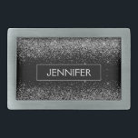 Nome do Monograma Girly Negra Silver Glitter<br><div class="desc">Frente de prata e brilho preto Monograma Nome Belt Buckle Isso faz a formatura perfeita, doce 16 16, 18, 21rua, 40, 50, 60, 70, 80, 90, 100 anos, casamento, chá de panela, aniversário, chá de fraldas ou presente de festa de solteira para alguém que ama luxo de vidro e estilos...</div>