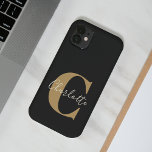 Nome do Monograma Moderno Elegante em preto Dourad<br><div class="desc">Monograma e nome personalizados simples no caso iPhone 14 preto e Dourado</div>