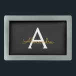 Nome do Monograma Rapariga de Script Moderno Doura<br><div class="desc">Fecho de Cinto do Monograma Simples Preto e Dourado. Isso faz a formatura perfeita, doce 16 16, 18, 21rua, 40, 50, 60, 70, 80, 90, 100 anos, casamento, chá de panela, aniversário, chá de fraldas ou presente de festa de solteira para alguém que ama luxo de vidro e estilos quicos....</div>
