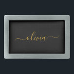 Nome do Monograma Rapariga de Script Moderno Doura<br><div class="desc">Fecho de Cinto do Monograma Simples Preto e Dourado. Isso faz a formatura perfeita, doce 16 16, 18, 21rua, 40, 50, 60, 70, 80, 90, 100 anos, casamento, chá de panela, aniversário, chá de fraldas ou presente de festa de solteira para alguém que ama luxo de vidro e estilos quicos....</div>