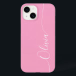 Nome do Script de Caligrafia Elegante Branco Rosa<br><div class="desc">O iPhone 14 Smart Capa de telefone de Script Personalizado de Caligrafia Branca Elegante Rosa apresenta um design simples e moderno,  com o seu nome personalizado,  num elegante texto de escrita caligrafia,  escrito à mão,  com tipografia num fundo cor-de-rosa. Elaborado por ©Evco Studio www.zazzle.com/store/evcostudio</div>