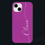Nome do Script de Caligrafia Elegante Branco Roxo<br><div class="desc">O iPhone 14 Smart Capa de telefone de Script Personalizado de Caligrafia Elegante Branca Roxo apresenta um design simples e moderno e na moda com seu nome personalizado em letras de caligrafia elegantes e escritas manualmente, com tipografia de script de caligrafia em um fundo roxo. Elaborado por ©Evco Studio www.zazzle.com/store/evcostudio...</div>