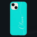 Nome do Script de Caligrafia Elegante Branco Turqu<br><div class="desc">As Capa de telefone Inteligentes iPhone 14,  Script Elegante de Caligrafia Branca Personalizado,  Script de Caligrafia Branca,  apresentam um design simples e moderno e moderno,  com seu nome personalizado,  em elegante tipografia de escrita manual com escrita por caligrafia,  em um fundo turquesa. Elaborado por ©Evco Studio www.zazzle.com/store/evcostudio</div>