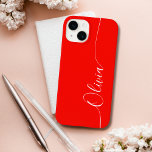 Nome do Script de Caligrafia Elegante Branco Verme<br><div class="desc">Red White Elegant Calliografia Script Personalizado Nome Personalizado iPhone 14 Smart Capa de telefone apresenta um design moderno e moderno,  simples e na moda,  com seu nome personalizado em letras elegantes,  escrita à mão,  com script de caligrafia em um fundo vermelho. Elaborado por ©Evco Studio www.zazzle.com/store/evcostudio</div>