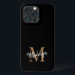 Nome do Script Feminino do Monograma Dourado Moder<br><div class="desc">Capas de iphone de Nome Feminino do Monograma Dourado Preto Moderno. Personalize facilmente esta capas de iphone elegante moderna com o seu monograma e nome personalizados.</div>