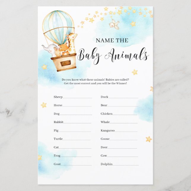 Nome dos animais bebês caça ao Chá de fraldas (Frente)