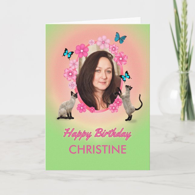 Nome e cartão com fotos de gatos e borboletas, (Frente)