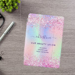 Nome holográfico roxo rosa<br><div class="desc">Um fundo holográfico, iridescente e tenente, com cores pastel em rosa, roxo, verde-menta. Decorado com confete. Para maquiadores, designers de cabelo, cabelos e salões de beleza, enfermeiras. Letras cor púrpura. Personalize e adicione seu nome e informações de contato. O nome pessoal é escrito com um moderno estilo escrito à mão...</div>