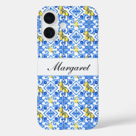 Nome Monograma Aquarela Azulejo Azul Limão Amarelo