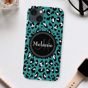 Nome Monograma Teal Black White Leopard Padrão