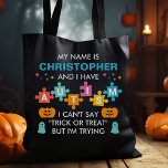 Nome personalizado Autism Halloween Candy Tote Bag<br><div class="desc">Nome personalizado Autism Halloween Candy Tote Bag. Saco de doces personalizados para crianças no espectro do autismo. Acentuado com as estrelas do arco-íris do Dia das Bruxas, abóboras esculpidas e fantasmas bonitinhos. Perfeito para crianças não verbais que têm dificuldade em dizer truque ou tratar. Personalize este design personalizado com o...</div>