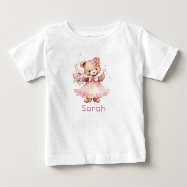 Nome Personalizado Camisa Bebê Rosa Teddy Bear (Frente)