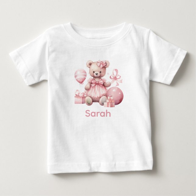 Nome Personalizado Camisa Bebê Rosa Teddy Bear (Frente)