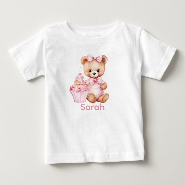 Nome Personalizado Camisa Bebê Rosa Teddy Bear (Frente)