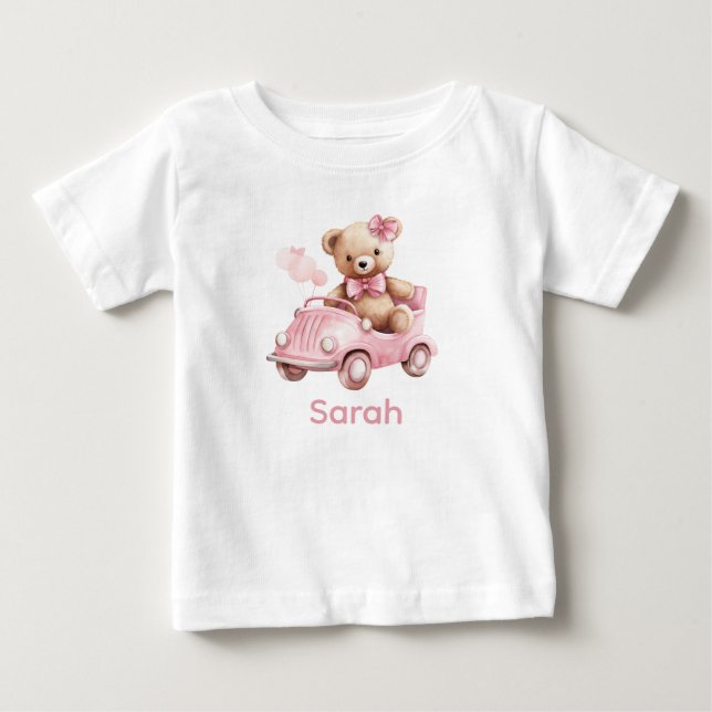 Nome Personalizado Camisa Bebê Rosa Teddy Bear (Frente)