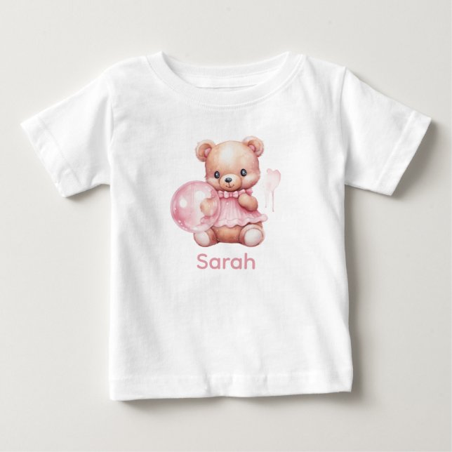 Nome Personalizado Camisa Bebê Rosa Teddy Bear (Frente)