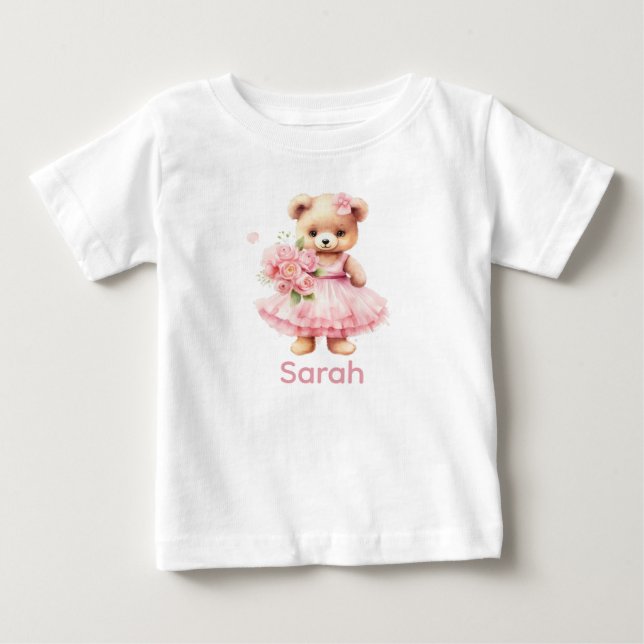 Nome Personalizado Camisa Bebê Rosa Teddy Bear (Frente)