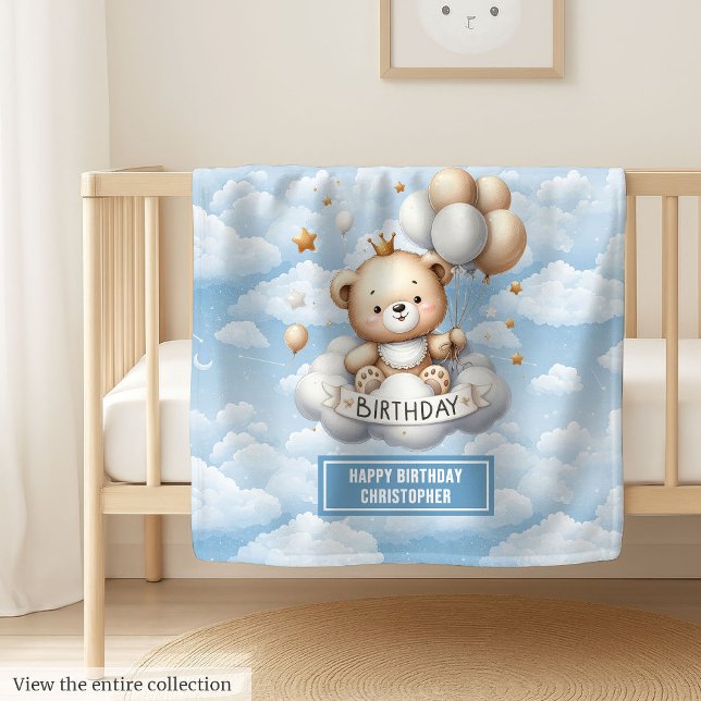 Nome personalizado cobertor de primeiro aniversári (Custom name first birthday blanket with teddy bear)