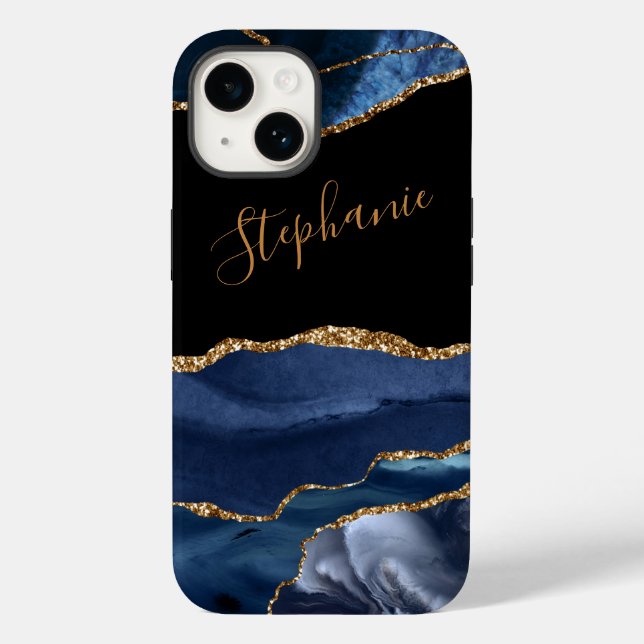 Nome Personalizado da Glitter Dourada Azul Agate (Verso)