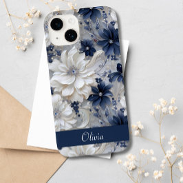 Nome Personalizado de Chic Floral Branco Azul Eleg