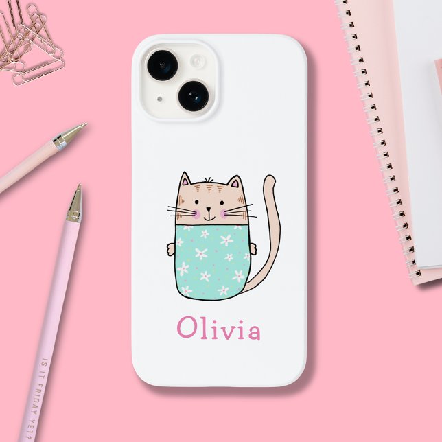 Nome Personalizado de Gato de Cubo (Cute illustrated cat iPhone case cover with personalized name)