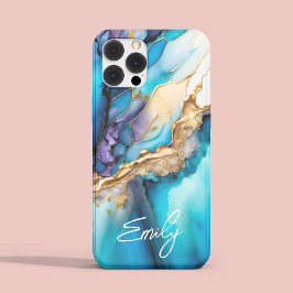 Nome Personalizado do Marble Dourado Azul Elegante